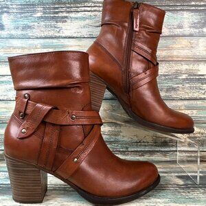 Tamaris Harness Boots Size 5.5 Brown Leather Ankle Block Heel Zip Up Moto Dress